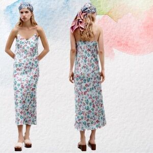 Satin Floral Print Midi Slip Dress